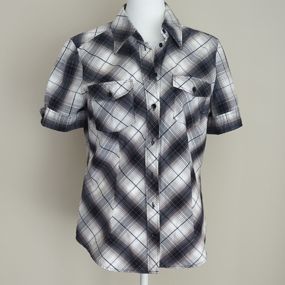 New York & Company Black and White Plaid Shirt, M